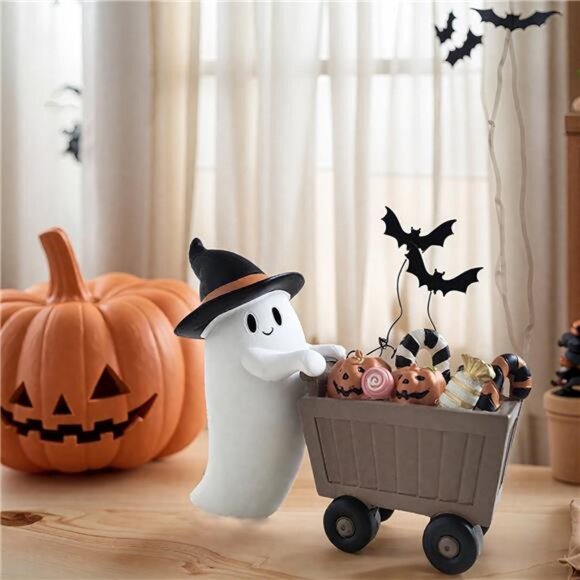 Spooky Resin Ghost Figurines with Candy Cart for Halloween Tabletop Mantel - Picture 6 of 7
